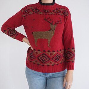 Vintage Eddie Bauer Hand Knit Red Wool Deer Sweater Fair Isle Alpinecore SP